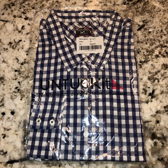 New Untuckit Women’s Belleza Blue Gingham Button Down Shirt Blouse Top sz 10 - Picture 2 of 3